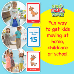 Children playing with animal movement cards labeled 'hop' and 'stretch' on a blue background with text saying "fun way to get kids moving at home, school or childcare'.