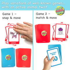 Card game with animal-themed cards and player actions on a blue background
