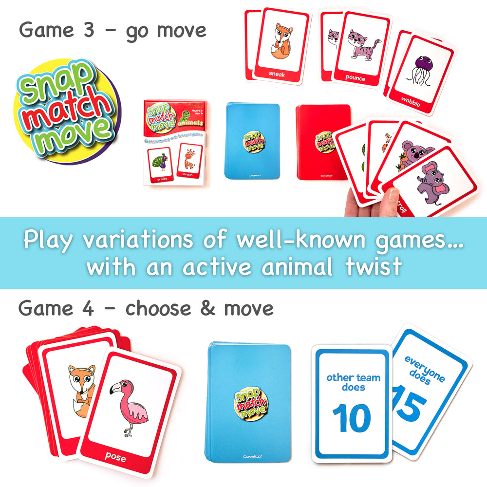 Card game with animal-themed cards and a blue game board, featuring the 'Snap Match Move' brand.