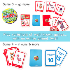 Card game with animal-themed cards and a blue game board, featuring the 'Snap Match Move' brand.