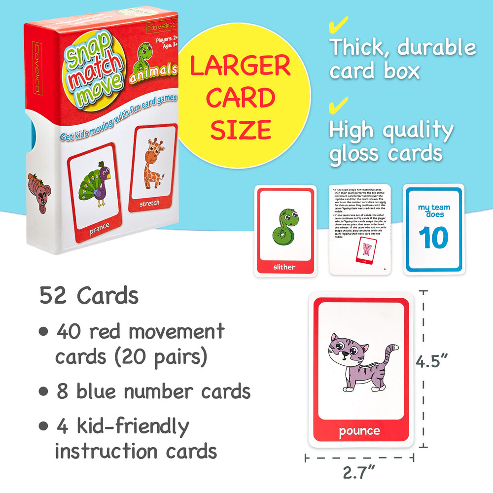 Card game packaging with features highlighted on a blue background