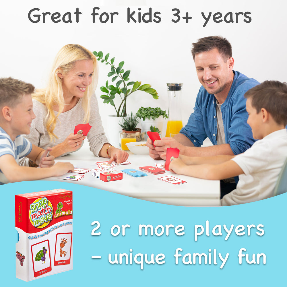 Family playing an animal card game together with product packaging in the foreground.