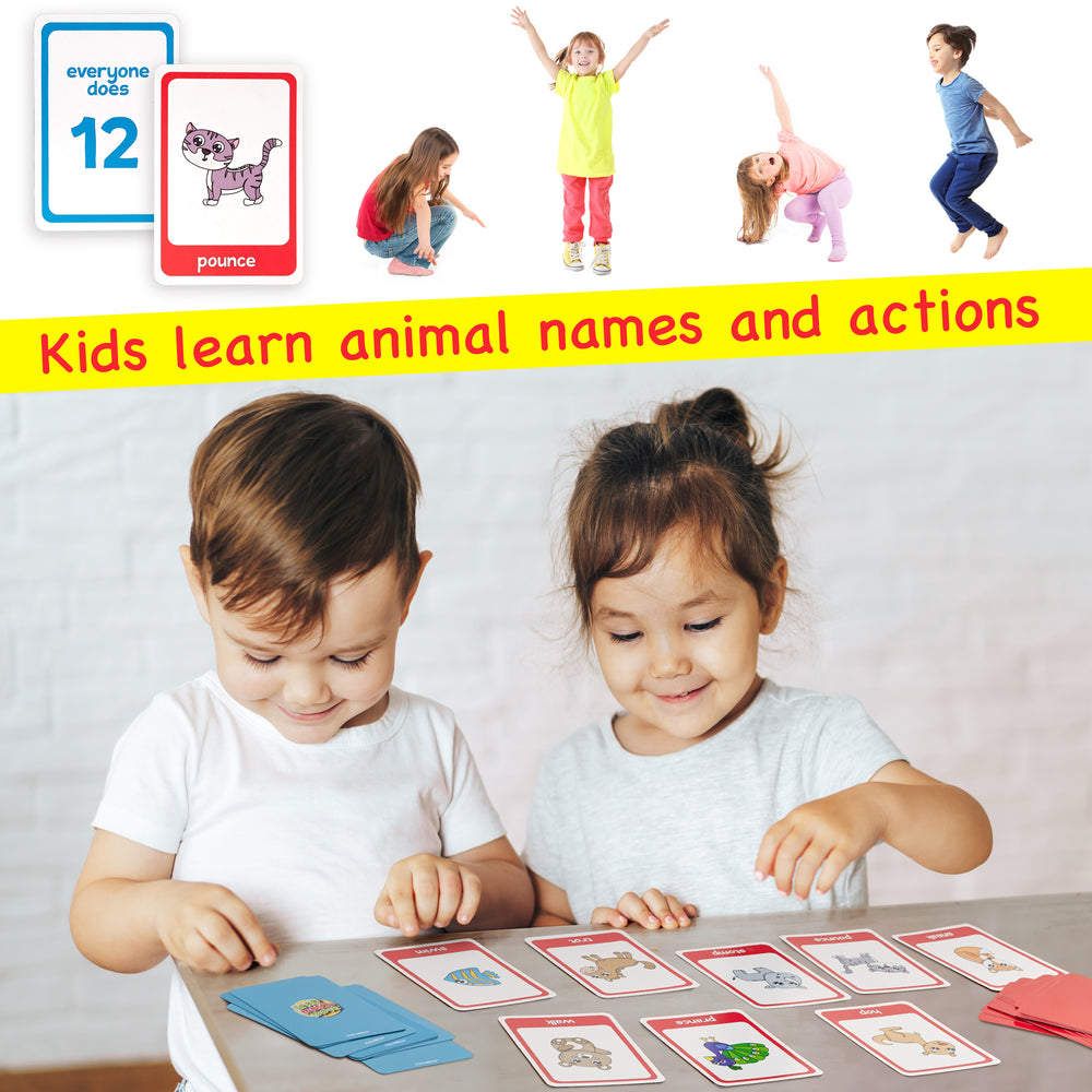 Two children playing with educational cards about animals and their actions.