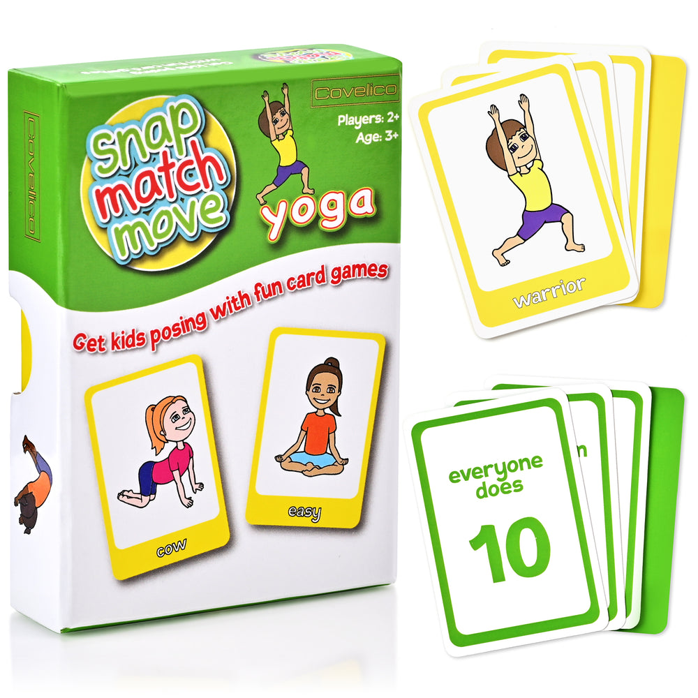 Yoga-themed card game set with cards and packaging on a white background