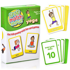 Yoga-themed card game set with cards and packaging on a white background
