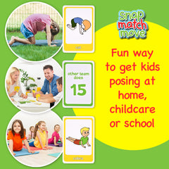 Promotional graphic for 'Snap Match Move' with children posing and cards on a green and yellow background.