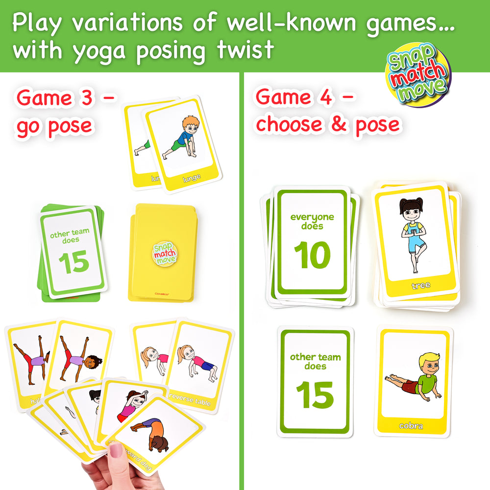 Card game with yoga-themed cards and instructions on a green background