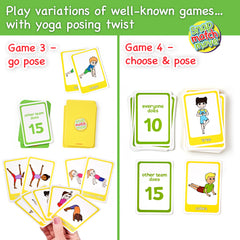 Card game with yoga-themed cards and instructions on a green background