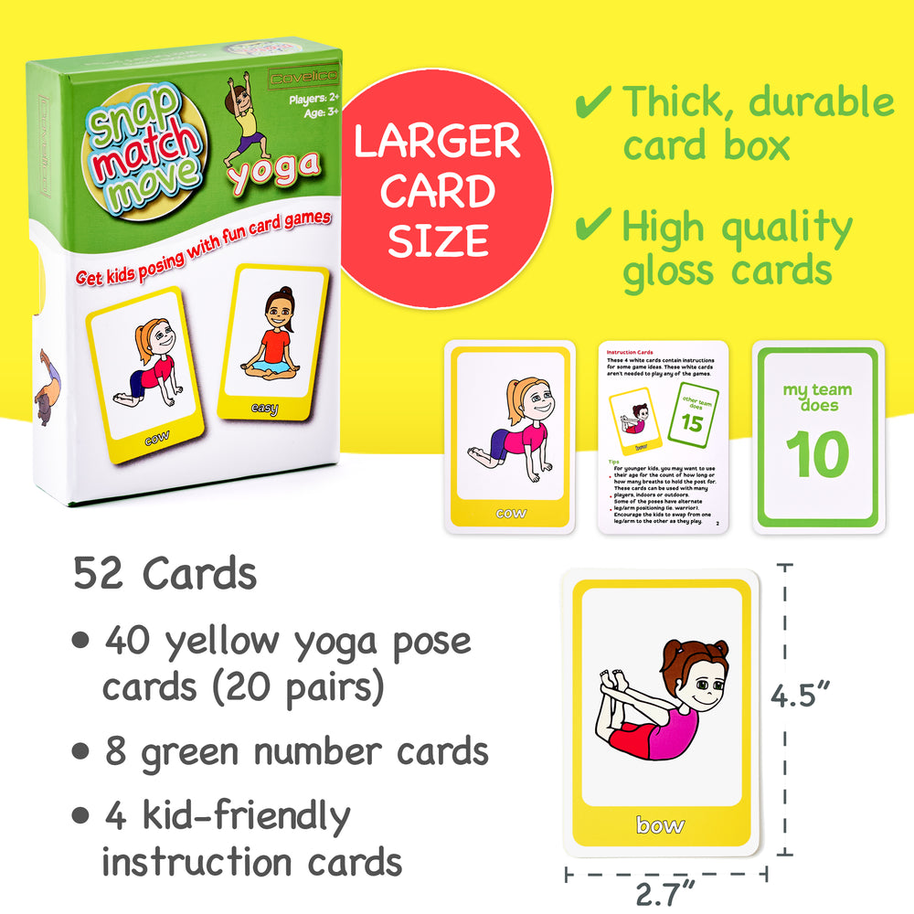 Yoga-themed card game set with cards and packaging on a yellow background