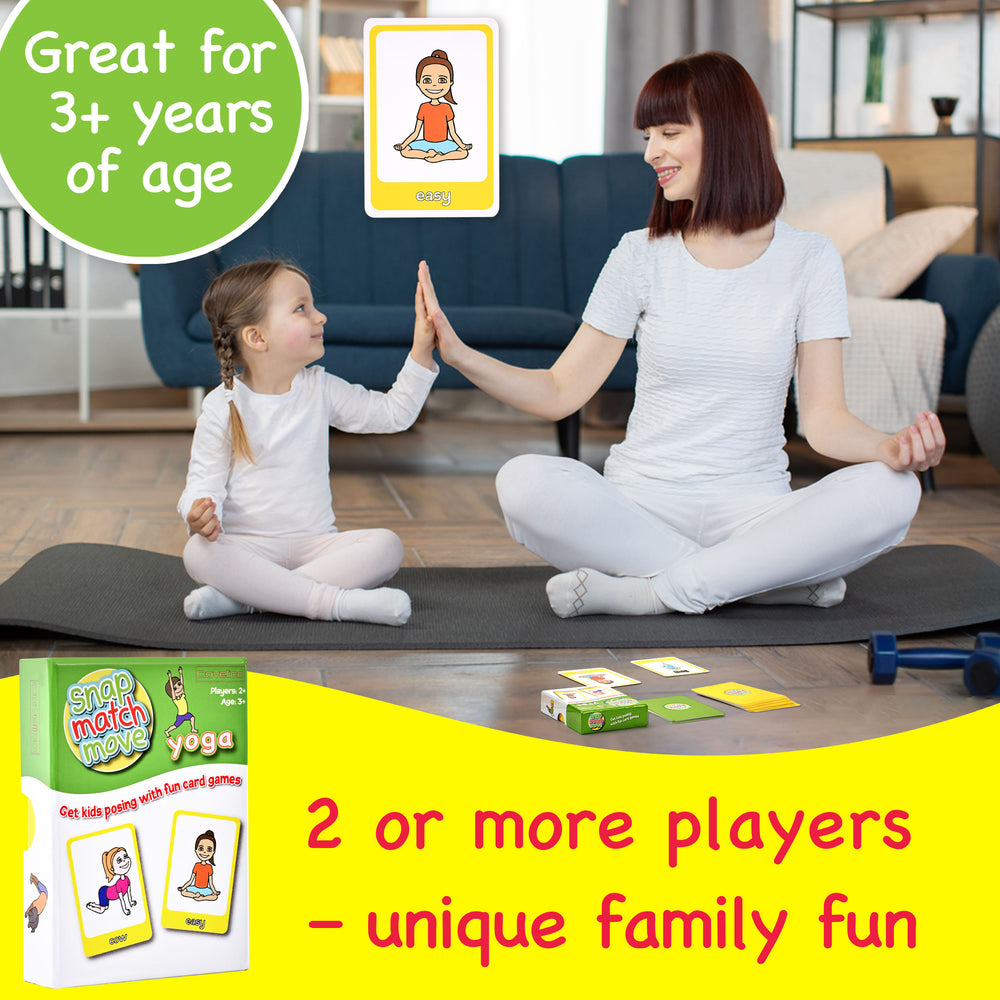 Woman and child on a yoga mat with yoga cards, promoting family fun and activity.