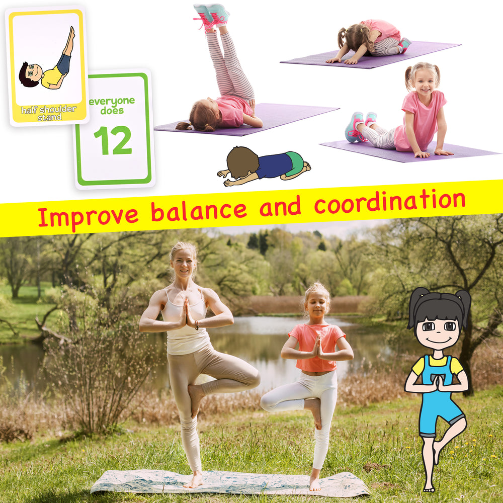 Children and adults practicing yoga with text on balance and coordination.