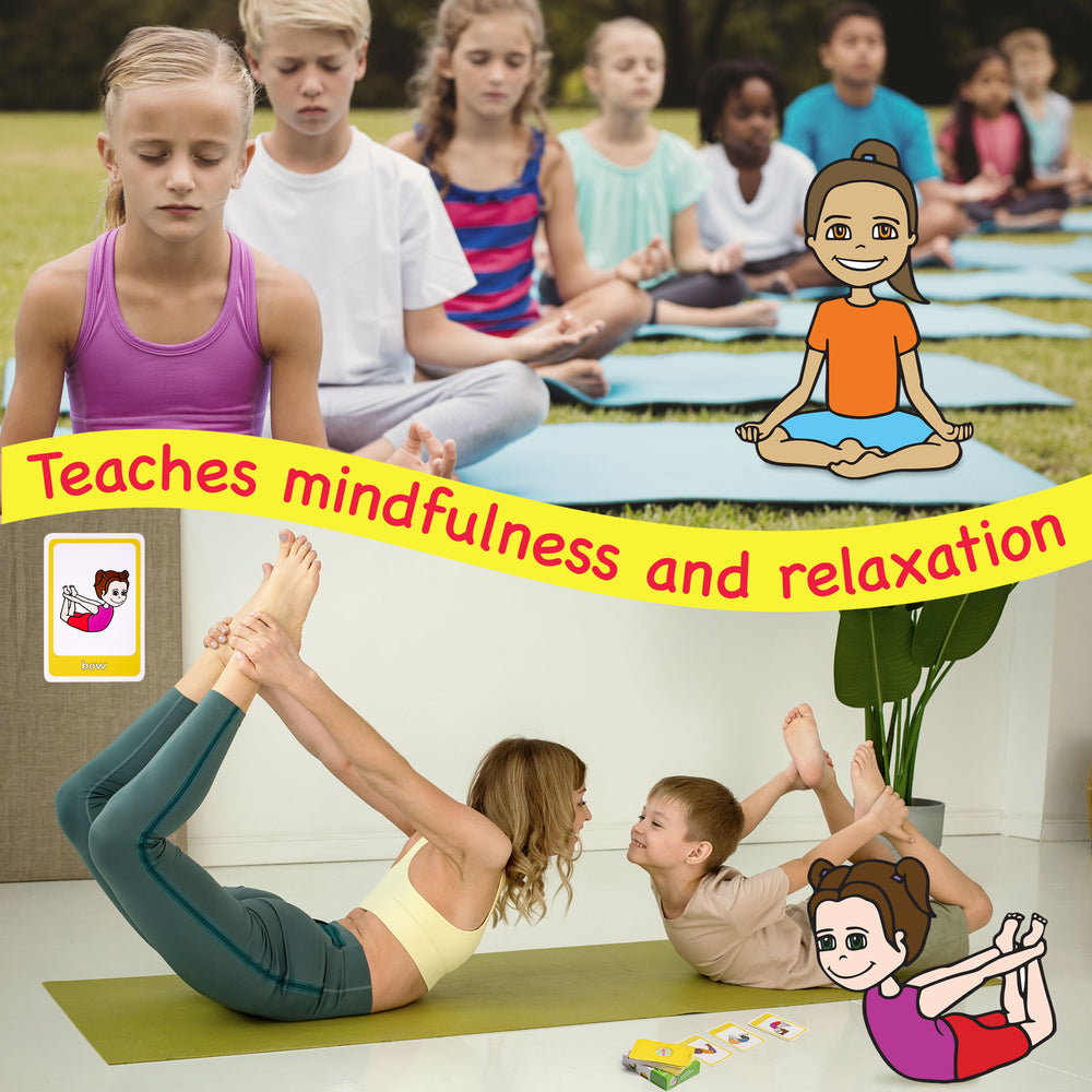 Children practicing yoga outdoors with text 'Teaches mindfulness and relaxation'.