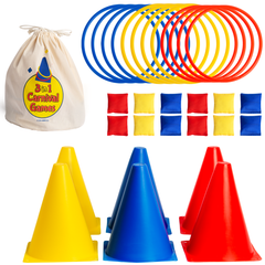 Carnival game set with colorful rings, bean bags, and traffic cones on a white background.