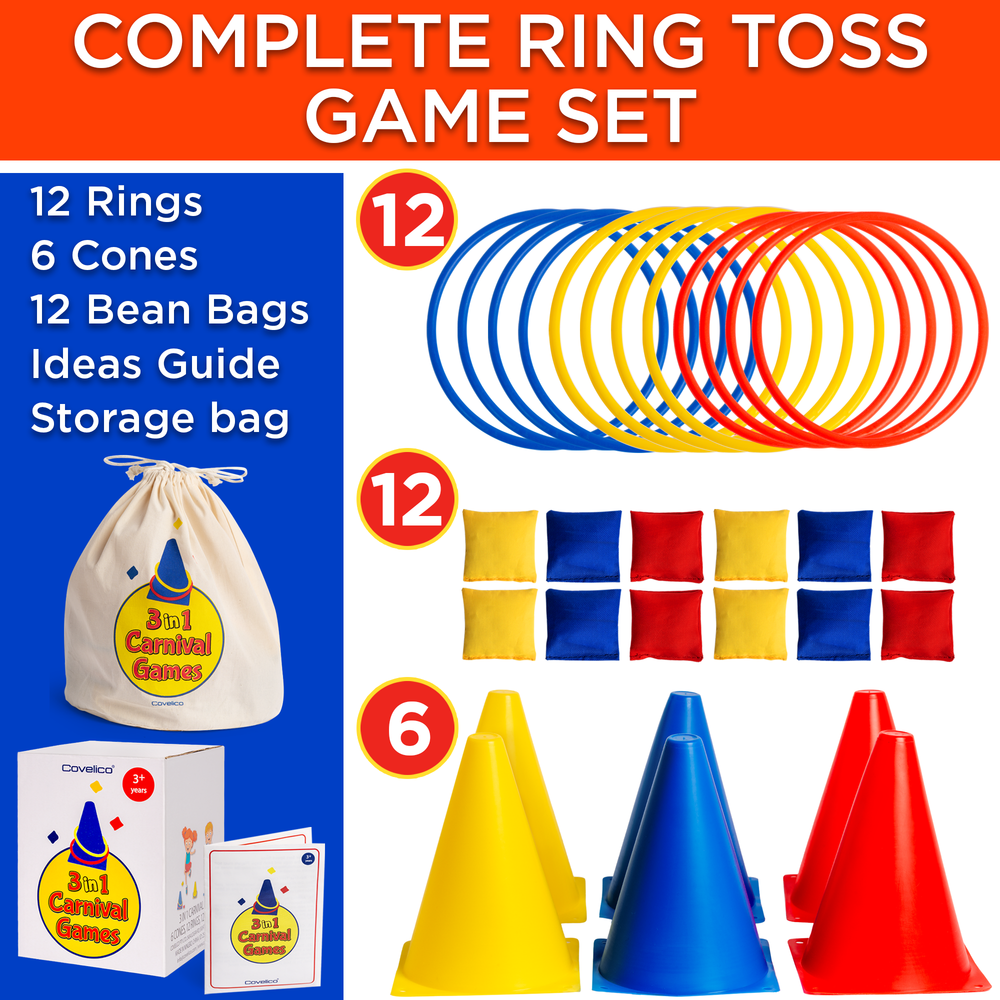 Complete ring toss game set with rings, cones, bean bags, and storage bag on a colorful background.
