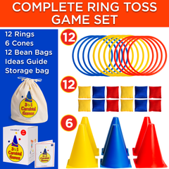 Complete ring toss game set with rings, cones, bean bags, and storage bag on a colorful background.