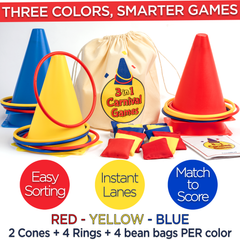 Colorful game set with cones, rings, and bean bags in red, yellow, and blue, featuring a drawstring bag labeled '3 in 1 Carnival Games'.