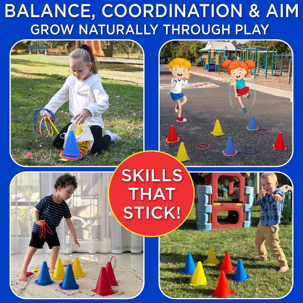 Children playing with colorful cones and toys on a playground, promoting balance, coordination, and aim.
