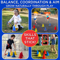Children playing with colorful cones and toys on a playground, promoting balance, coordination, and aim.