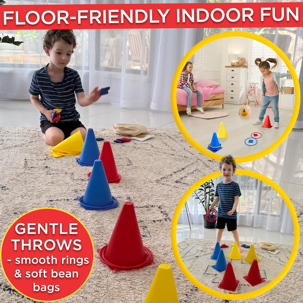 Children playing with colorful cones and bean bags on a carpeted floor, with text highlighting 'floor-friendly indoor fun' and product features.