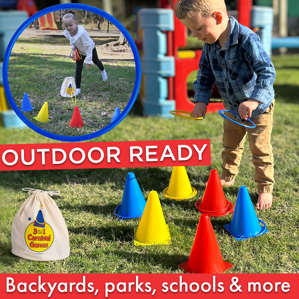 Children playing with colorful traffic cones on a grassy area, with text indicating outdoor readiness.