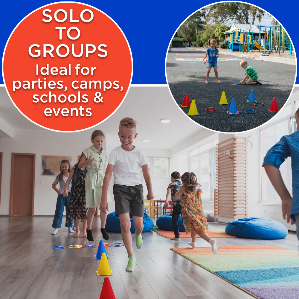 Children playing with colorful traffic cones in a classroom setting, with an inset showing children playing outdoors.