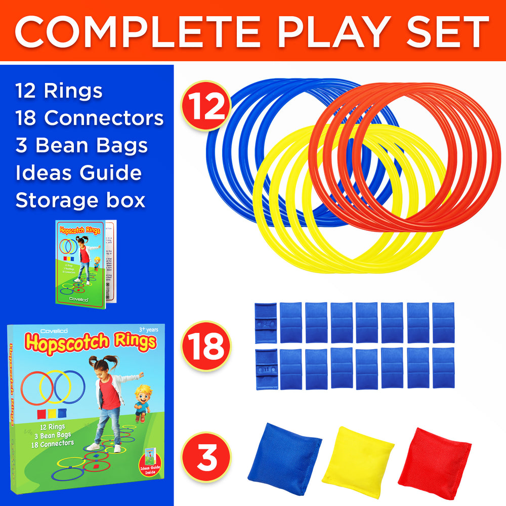 Complete play set with hopscotch rings, connectors, bean bags, and storage box on a blue background