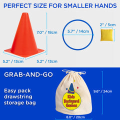 Measurement chart for an orange traffic cone and a drawstring bag labeled 'Kids Backyard Games' on a blue background.