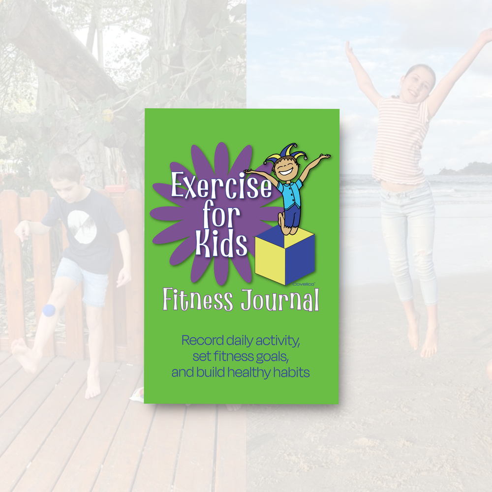 Fitness journal for kids with a child on a blue block and exercise theme.