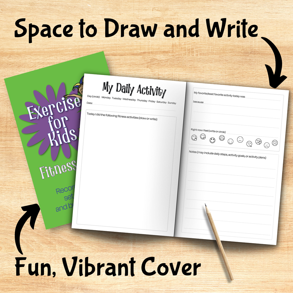 Open activity book with a green cover labeled 'Exercise for Kids' on a wooden surface.