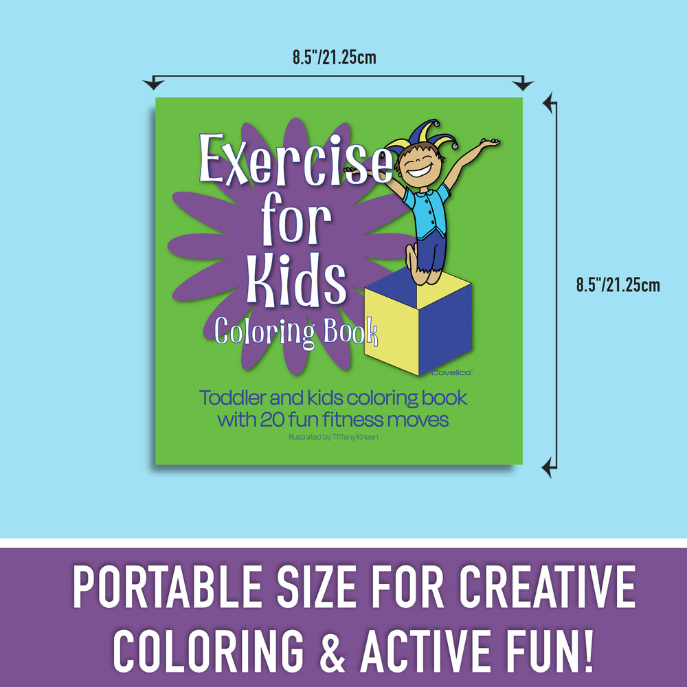 Coloring book for kids with exercise theme and dimensions on a blue background