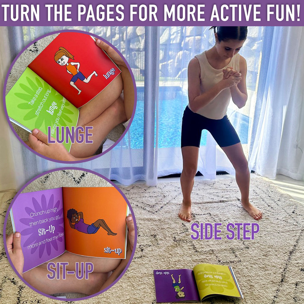 Woman exercising with a book featuring exercise illustrations and text.