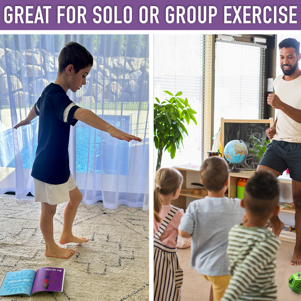 Two scenes showing exercise activities: a child exercising by a pool and a group of children exercising indoors with a teacher.
