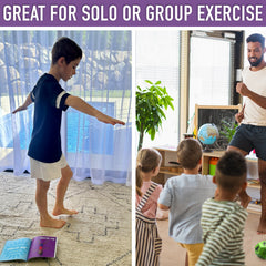 Two scenes showing exercise activities: a child exercising by a pool and a group of children exercising indoors with a teacher.