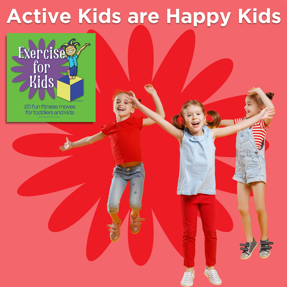 Three children jumping joyfully with a 'Exercise for Kids' book on a red background.