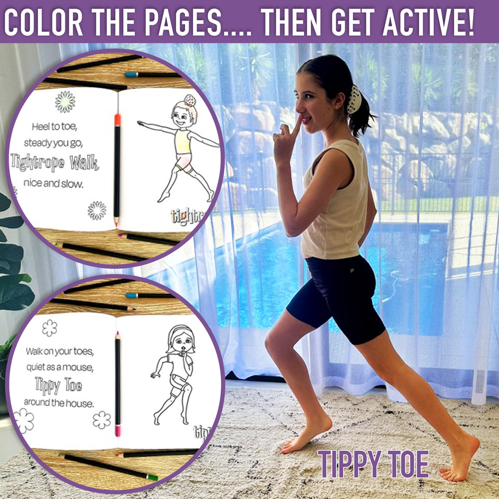 Woman doing tippy-toe exercises with coloring book pages displayed.
