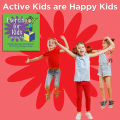 Three children jumping joyfully with a 'Exercise for Kids' coloring book on a red background.