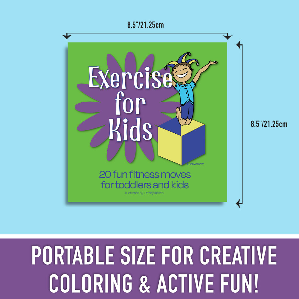 Book titled 'Exercise for Kids' with dimensions and text on a blue background