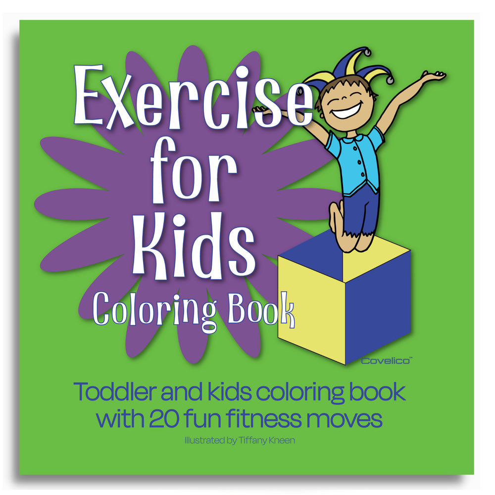 Coloring book cover for 'Exercise for Kids' with a child on a block and purple flower design.