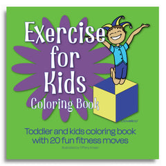 Coloring book cover for 'Exercise for Kids' with a child on a block and purple flower design.