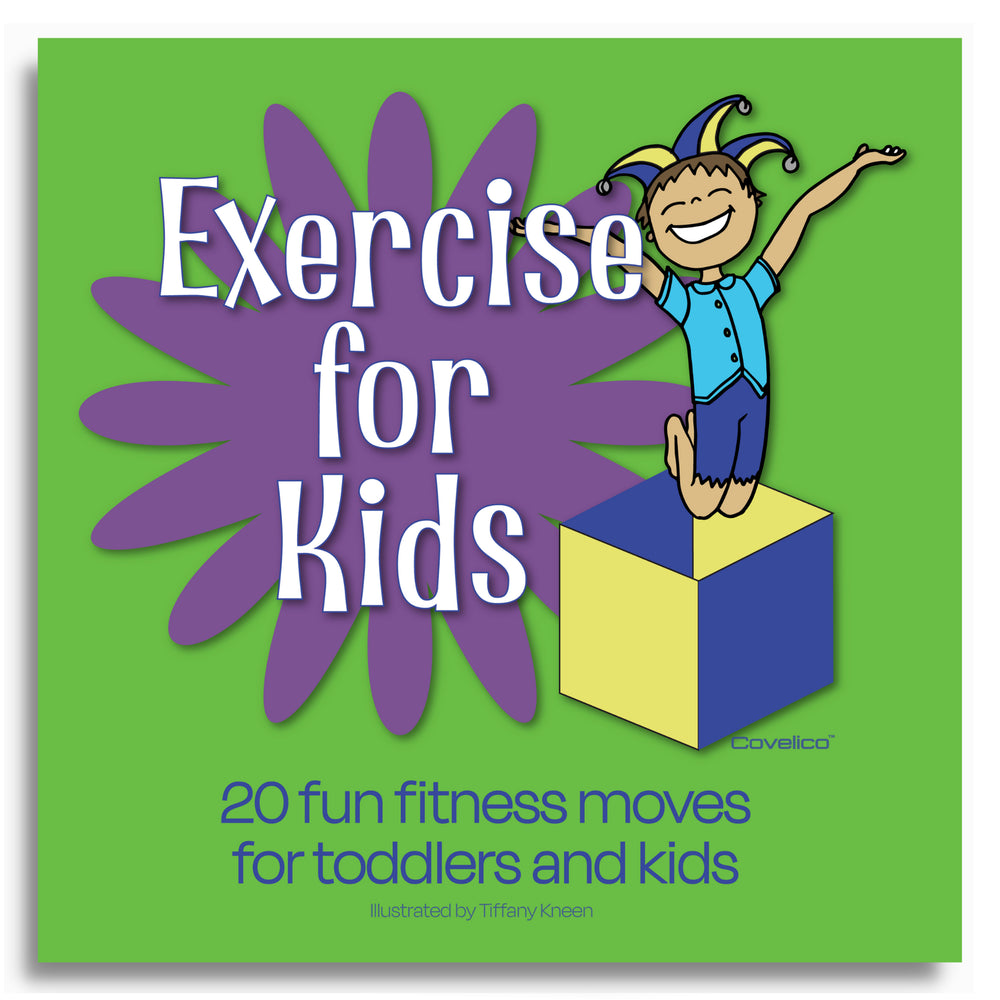 Book cover of 'Exercise for Kids' with a child on a block and purple flower graphic.