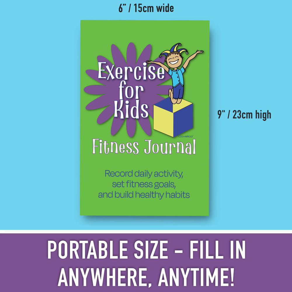 Fitness journal for kids with a green cover and purple text on a blue background