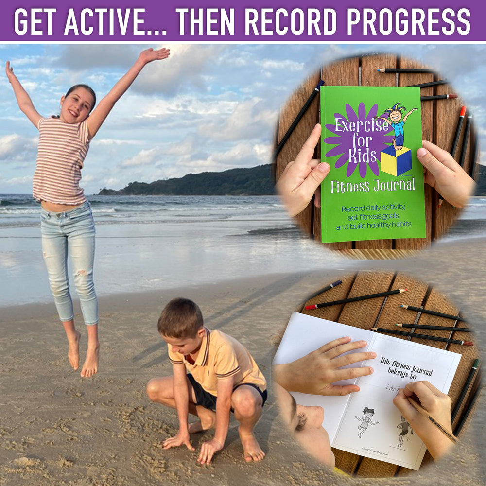 Children playing on a beach with a fitness journal and activity tracker.