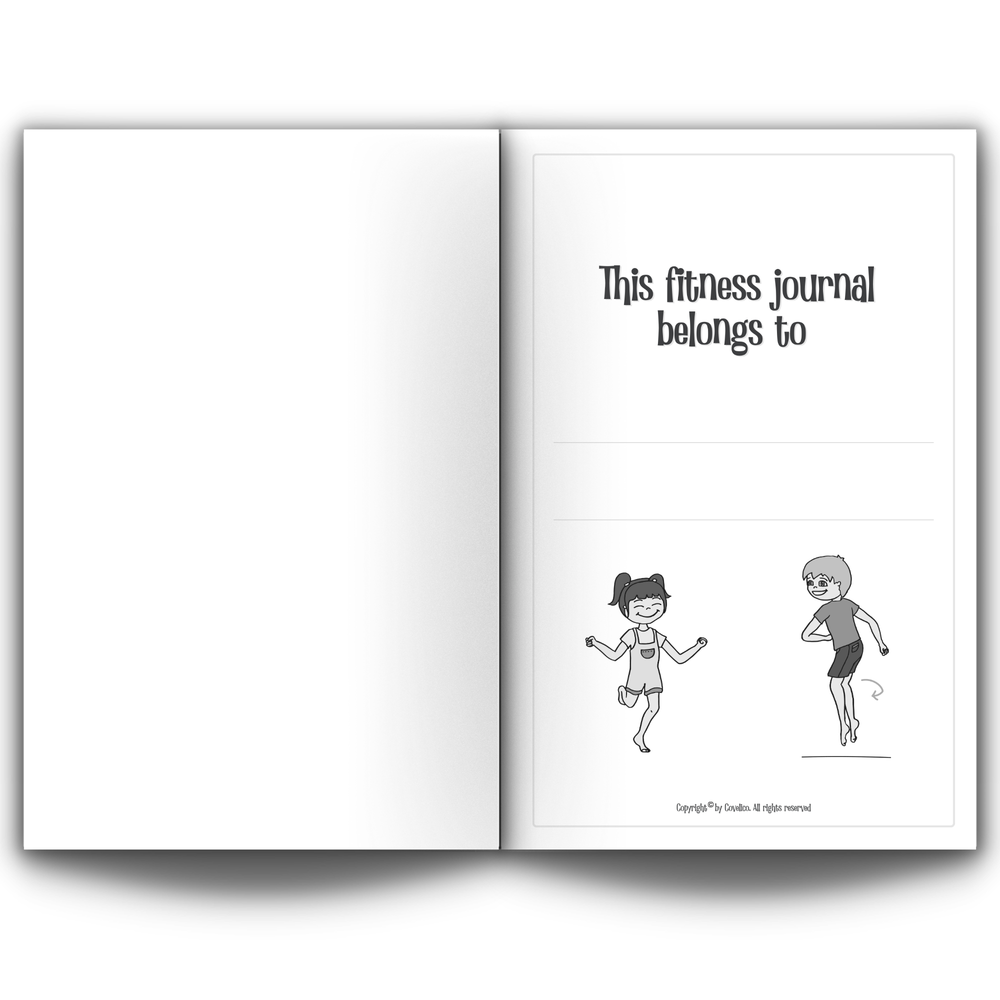 Open fitness journal with illustrations of a woman and a man exercising, and text 'This fitness journal belongs to'.