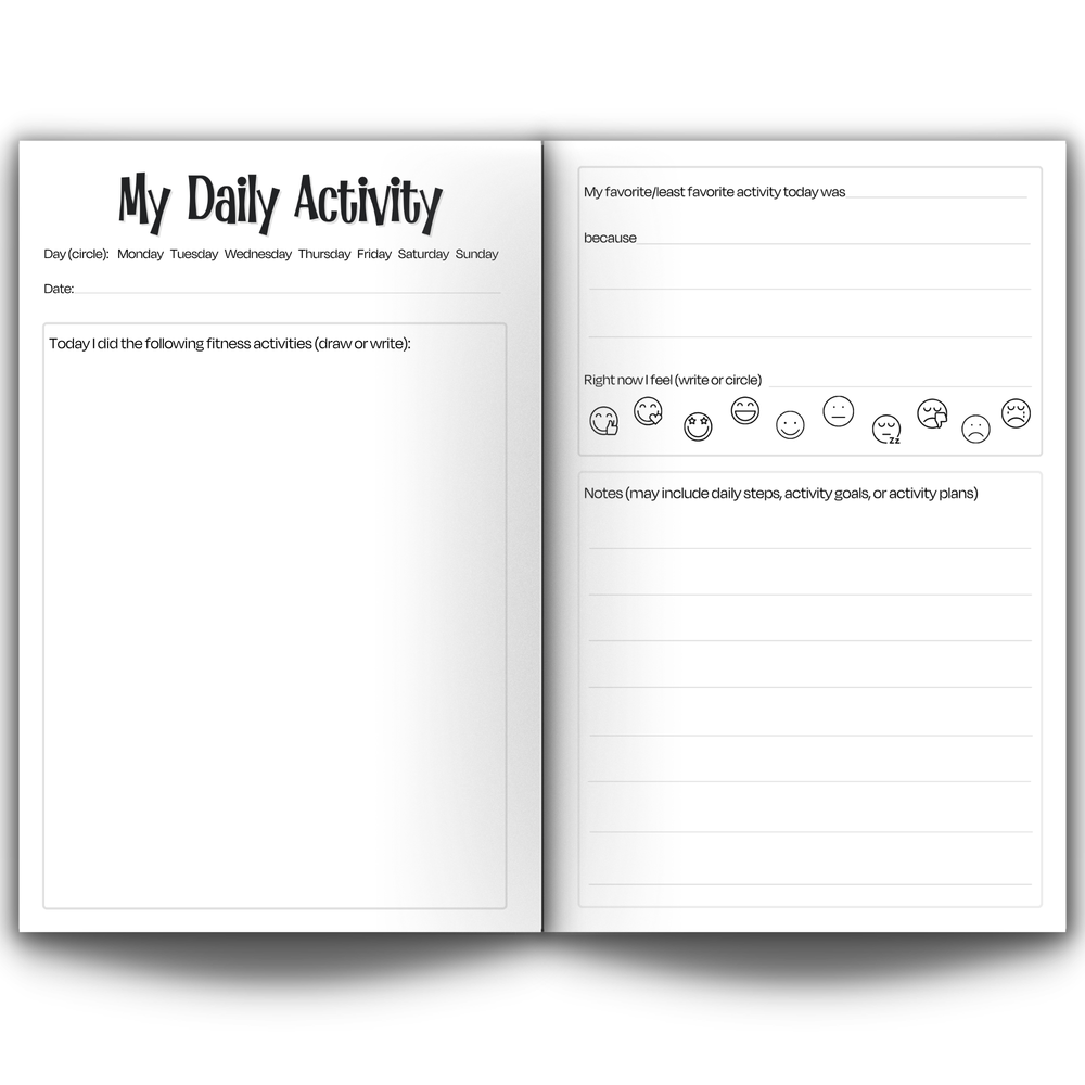 Open book showing a daily activity log with text and checkboxes.