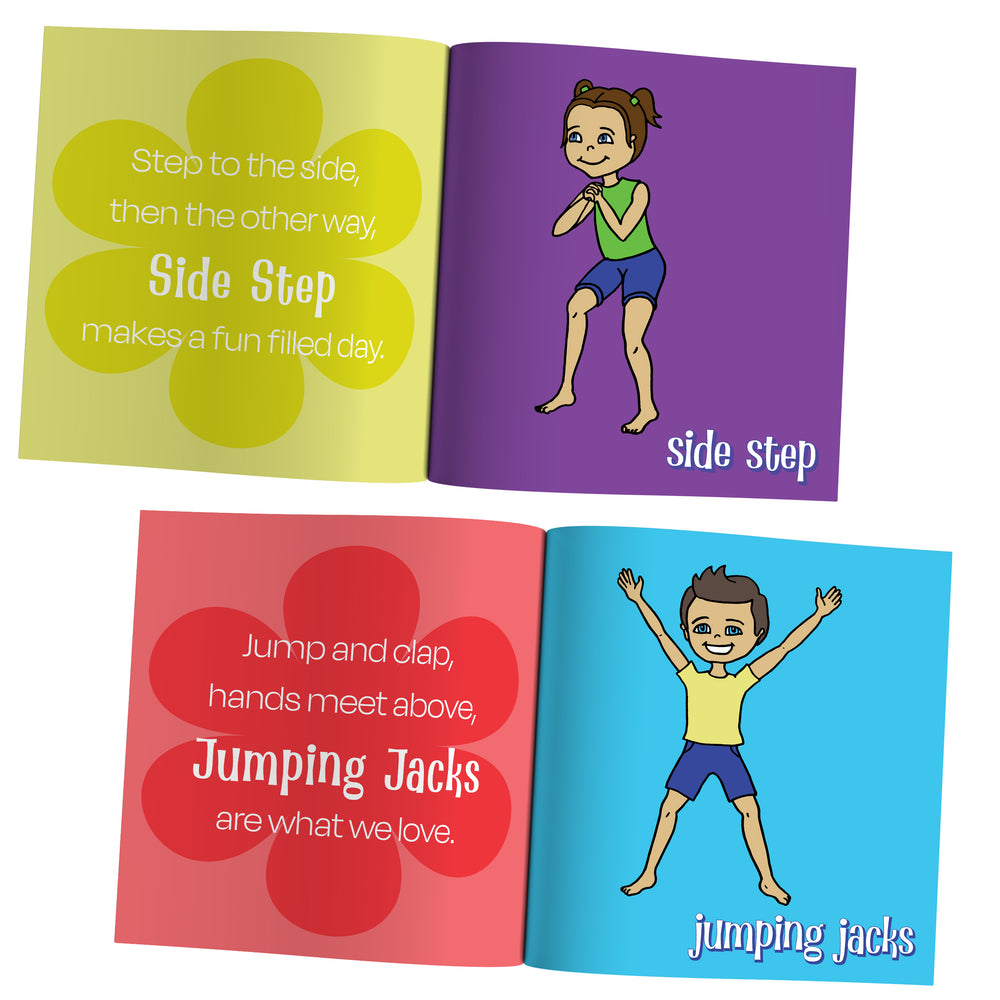 Open book showing illustrations of children doing side steps and jumping jacks with accompanying text.