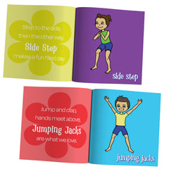 Open book showing illustrations of children doing side steps and jumping jacks with accompanying text.