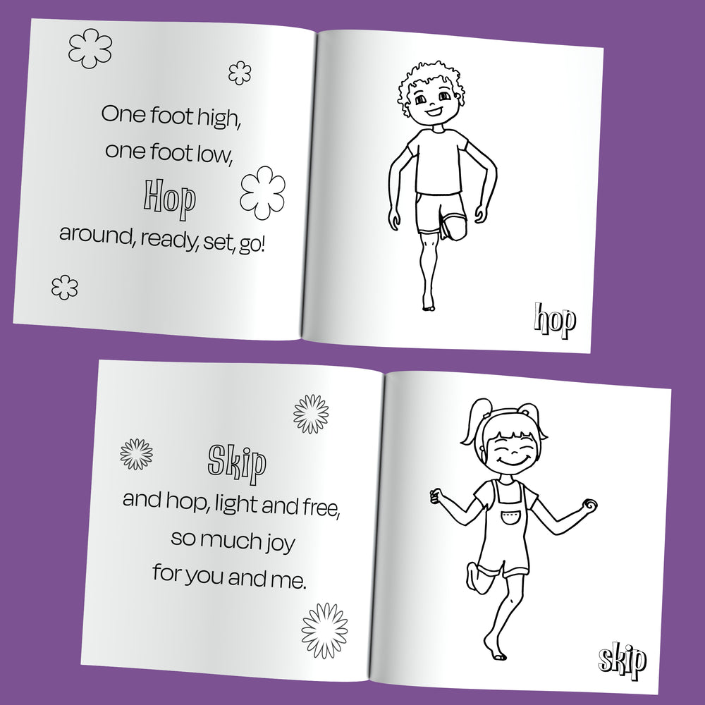 Open book with black and white illustrations and text on a purple background