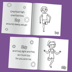 Open book with black and white illustrations and text on a purple background
