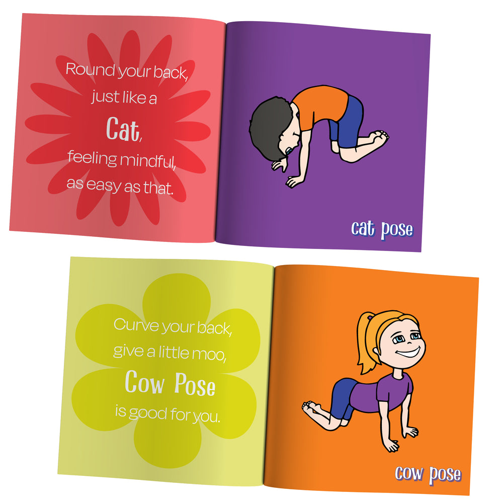 Open book showing illustrations of yoga poses with text descriptions on a white background