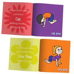 Open book showing illustrations of yoga poses with text descriptions on a white background
